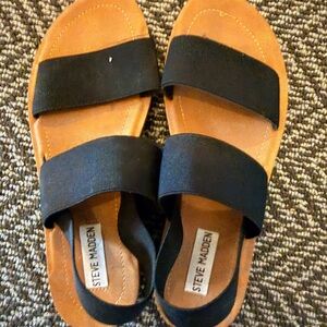 Steve Madden Black Strappy Slide Sandals with Tan Footbed